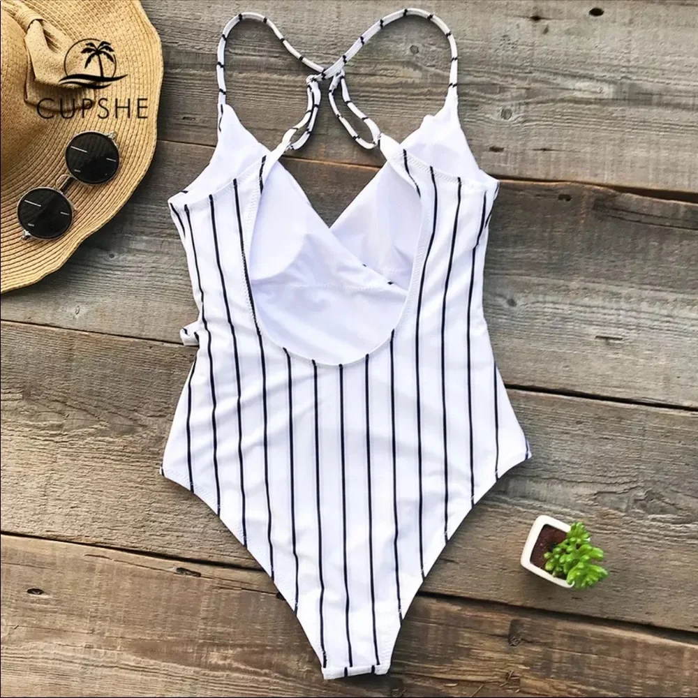Cupshe Stay Young White Stripe Wrap One Piece - Picture 2 of 6